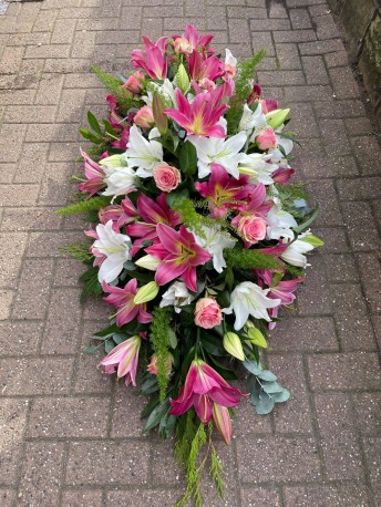 Pink and White Lily coffin spray